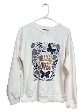 🦋 Chic Boutique Sequin You Are Loved Sweatshirt Large Boho Whimsigoth Cozy 🖤